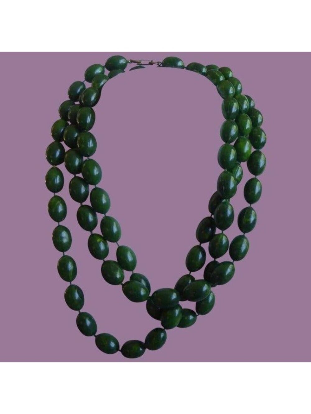 Rare 60" Vintage Spinach Green Marbled Bead Necklace Art Deco 60s Style